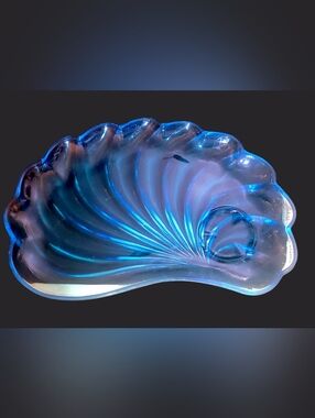 MCM 50's Pressed glass snack plate 'Capri Blue' seashell pattern by Hazel Atlas
